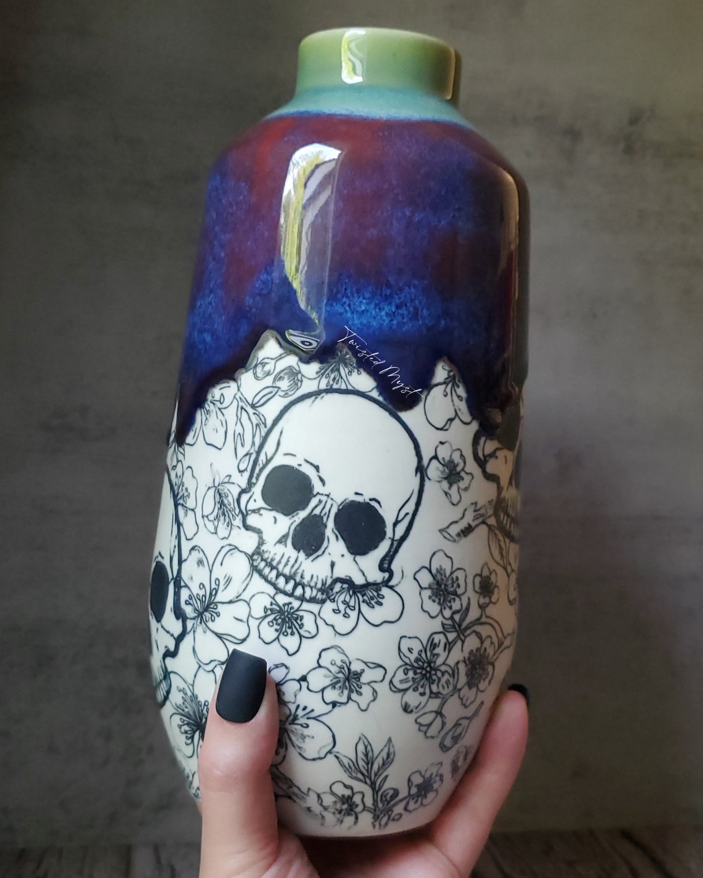 Cherry Skull Trees in Minty Crimson Chills Glaze Pottery Vase