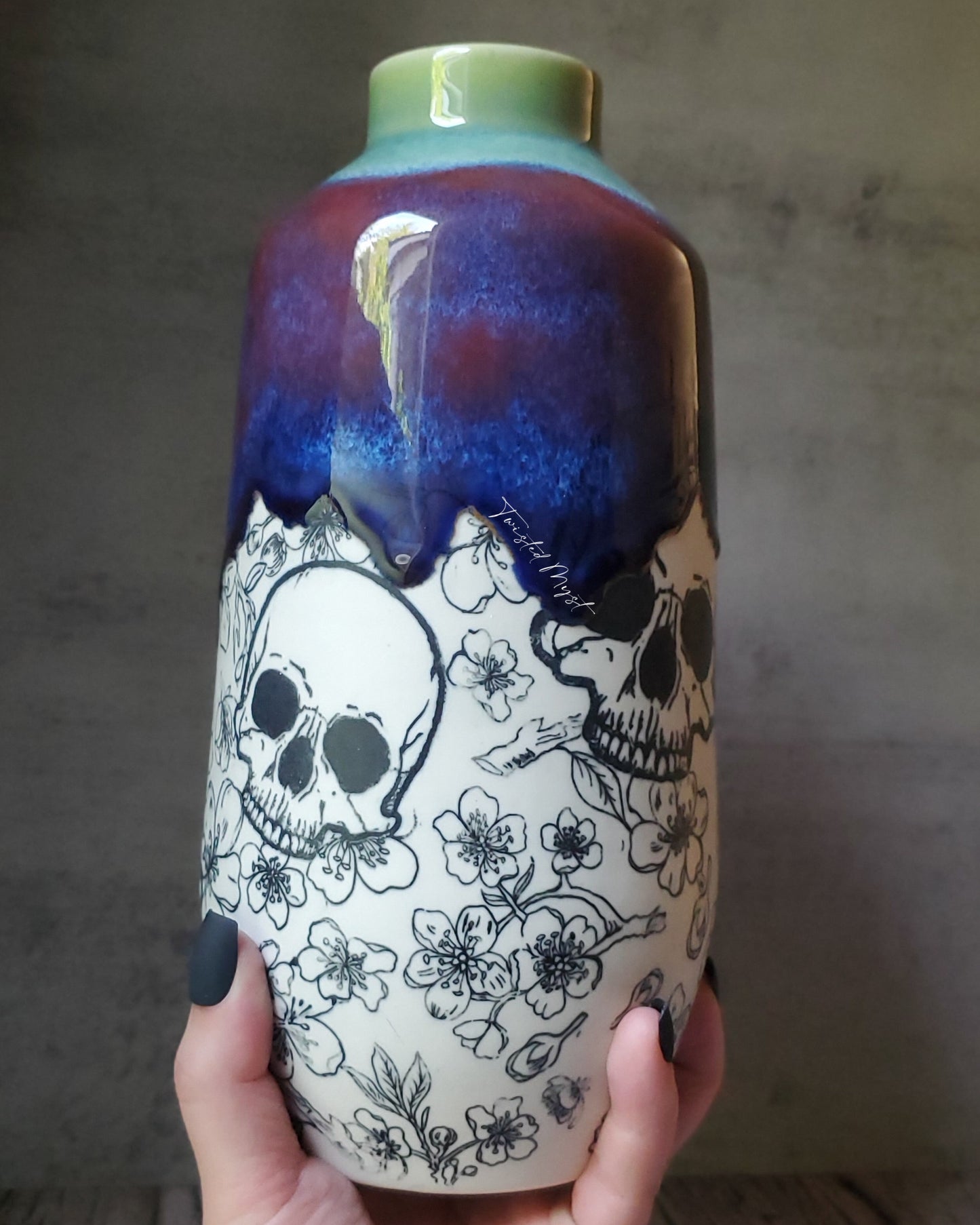 Cherry Skull Trees in Minty Crimson Chills Glaze Pottery Vase