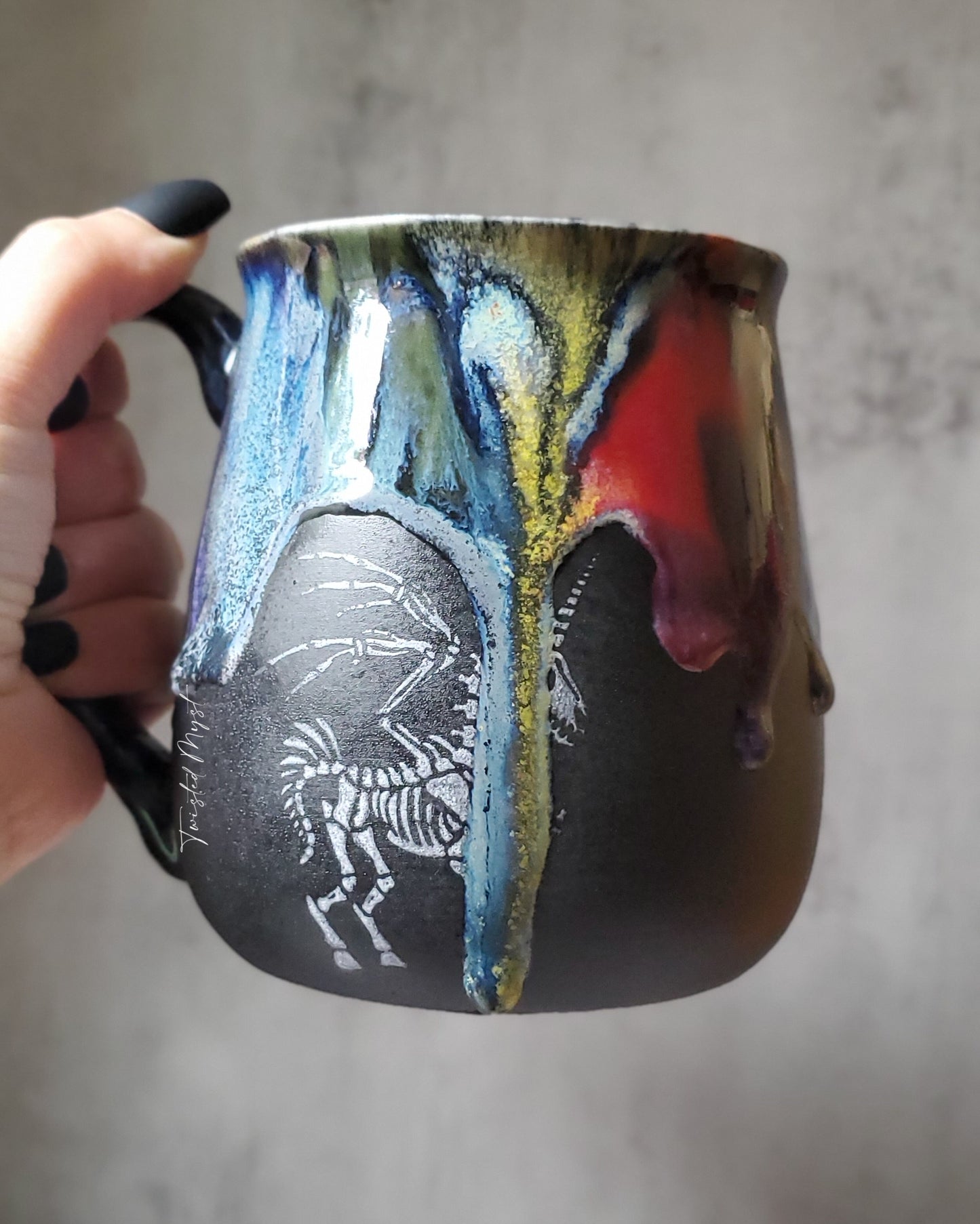 Unicorn Skelley Pottery Mug in Ultra Rainbow Goth Glaze