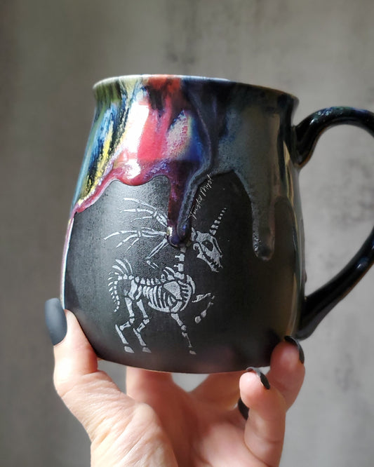 Unicorn Skelley Pottery Mug in Ultra Rainbow Goth Glaze