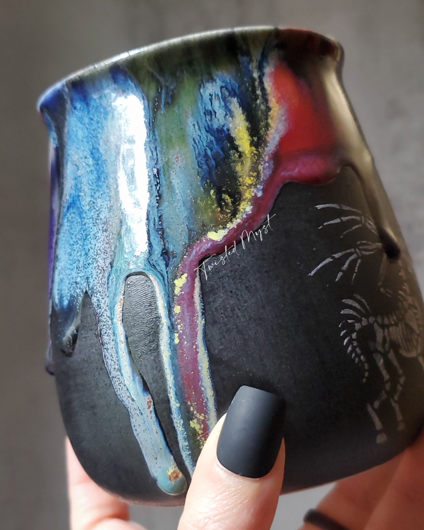 Unicorn Skelley Pottery Mug in Ultra Rainbow Goth Glaze