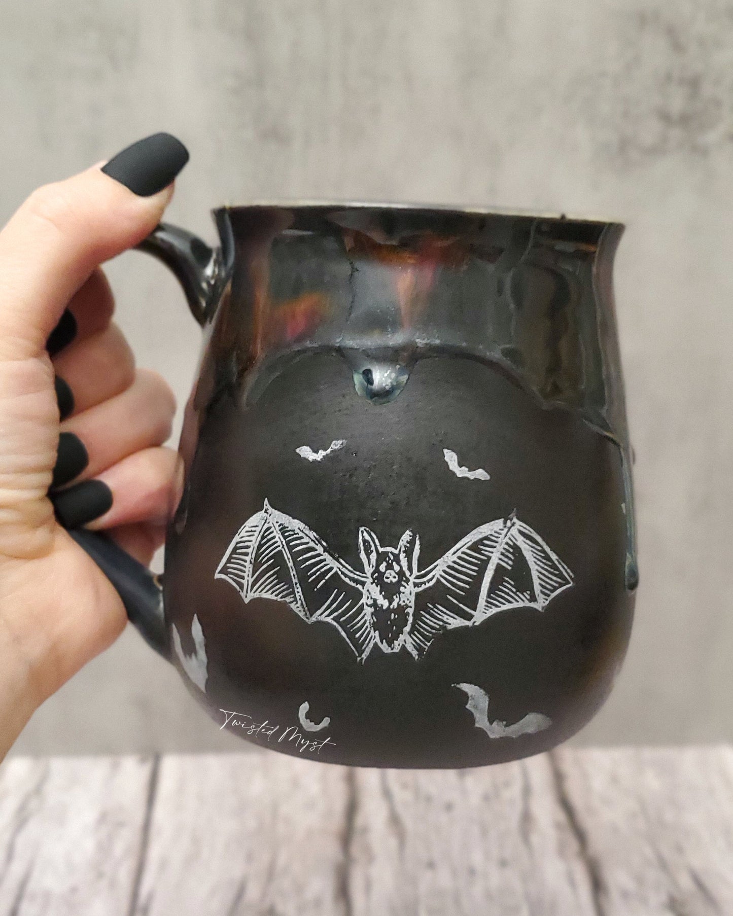 Its Freaking Bats Pottery Mug in Amber Ashes Glaze