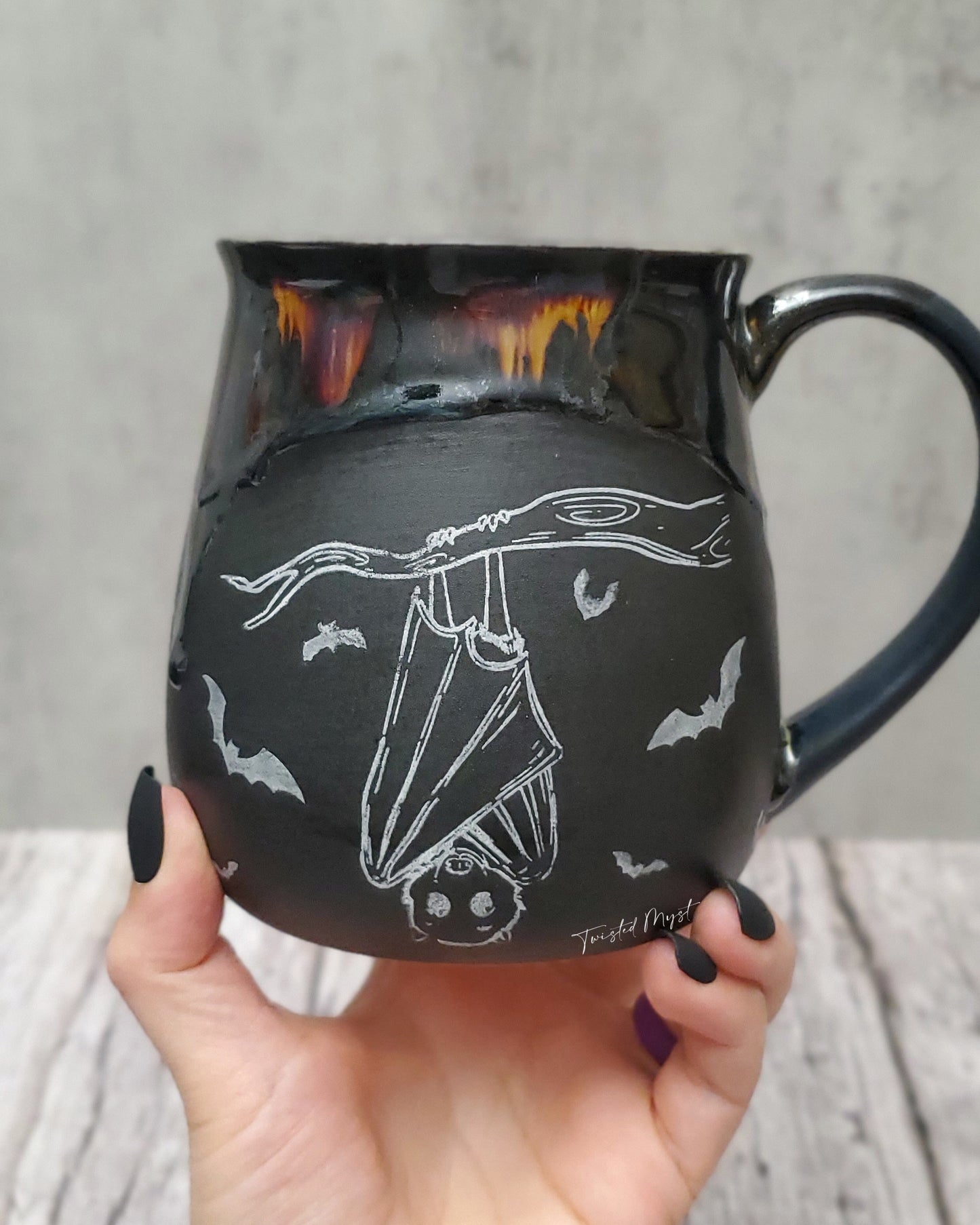 Its Freaking Bats Pottery Mug in Amber Ashes Glaze