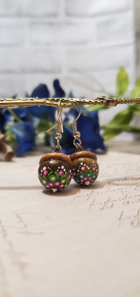 Acorns Pink Green White Dot Dangles