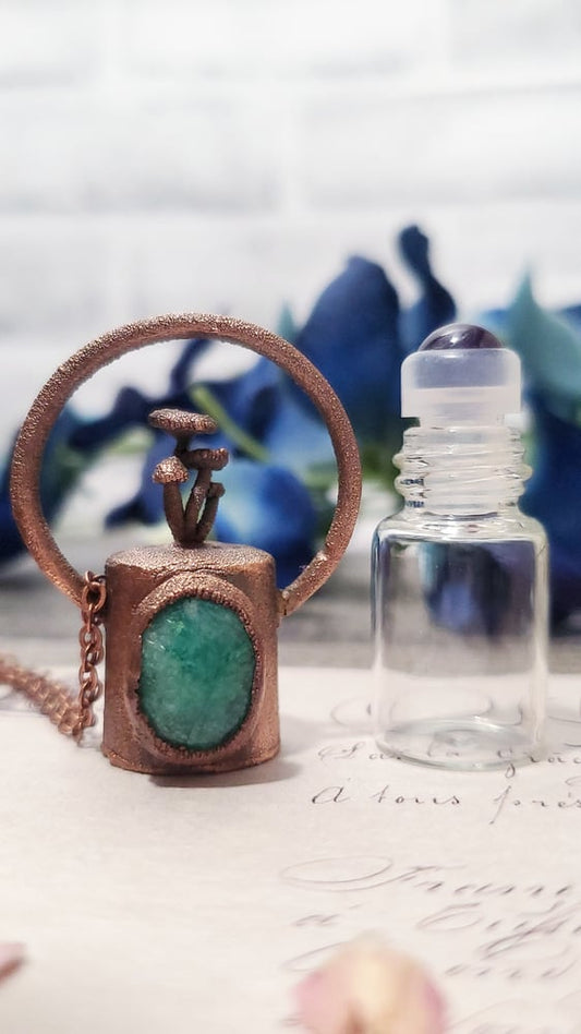 Emerald & Mushrooms Copper Roller Bottle Pendant